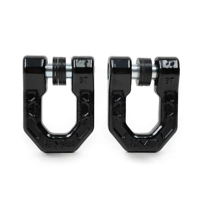 Pair of black metal D-Ring shackles for DV8 Offroad Elite Series - SEO friendly alt text.