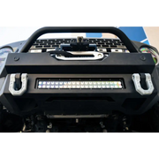 Close up of black bumper mounted on black jeep with DV8 Offroad Elite Series D-Ring Shackles - Pair (Gray)