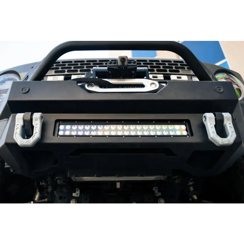 Close up of black bumper mounted on black jeep with DV8 Offroad Elite Series D-Ring Shackles - Pair (Gray)