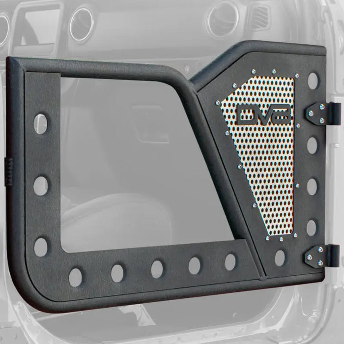 Black plastic DV8 Offroad Jeep 18+ Wrangler JL / 20+ Gladiator JT front rock doors with perforated aluminum mesh