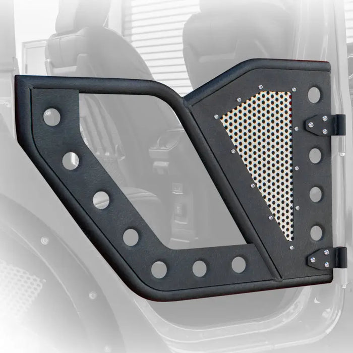 DV8 Offroad Jeep Wrangler JL / Gladiator JT Rear Rock Doors with Perforated Aluminum Mesh - front door panel with holes