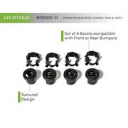 BMW E-type front and rear seat components showcased in DV8 Offroad Jeep/Dodge/RAM Bezel & Clip Kit for MOPAR sensors.