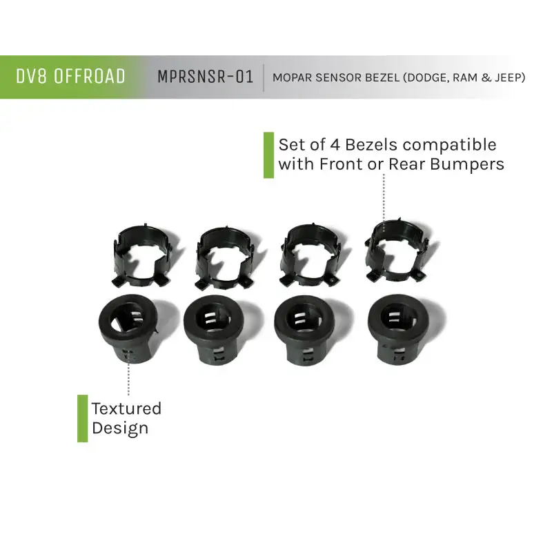 BMW E-type front and rear seat components showcased in DV8 Offroad Jeep/Dodge/RAM Bezel & Clip Kit for MOPAR sensors.