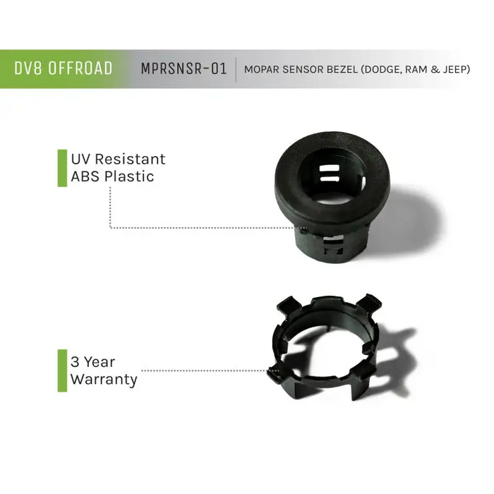 Close up of DV8 Offroad Jeep/Dodge/RAM Front Bezel & Rear Clip Replacement Kit for MOPAR Sensors