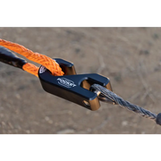 Close up of rope with carabine attached on DV8 Offroad Pocket Fairlead for synthetic rope winches.