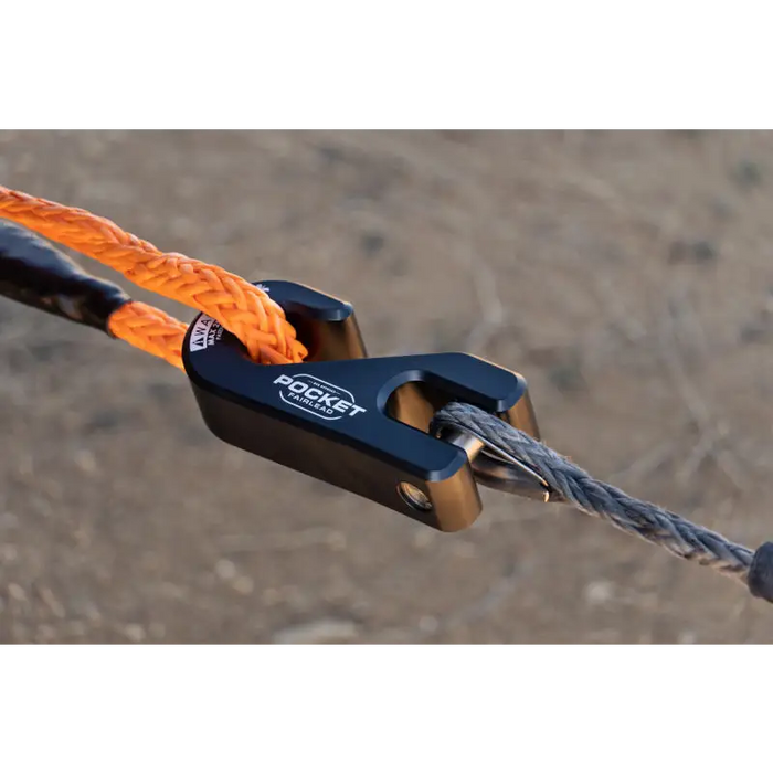 Close up of rope with carabine attached on DV8 Offroad Pocket Fairlead for synthetic rope winches.