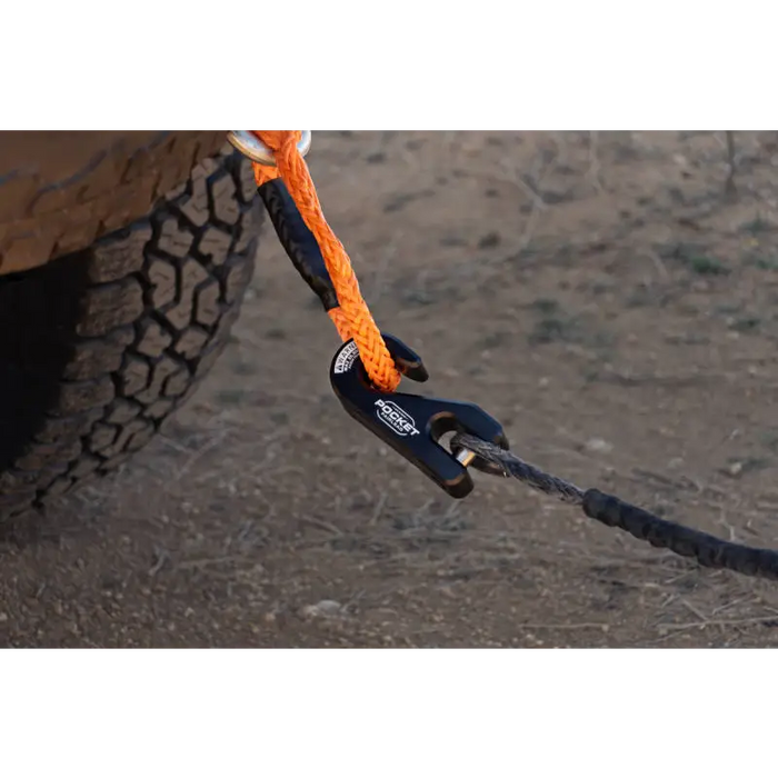 Close up of car tow rope on DV8 Offroad Pocket Fairlead for Synthetic Rope Winches.