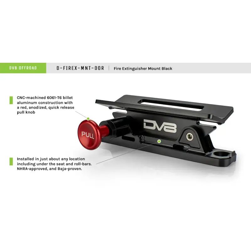 Red quick release button on DV8 Offroad Fire Extinguisher Mount for Jeep Wrangler.