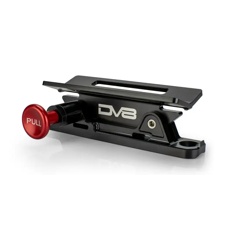Red quick release fire extinguisher mount button on black device - DV8 Offroad Jeep Wrangler product.