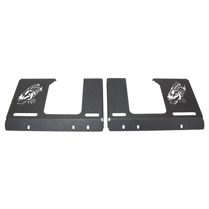 Black metal brackets with tiger design on Fishbone Offroad Interior Storage Rack.