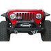 Black textured powdercoated front bumper with winch guard for Wrangler TJ Rubicon, displayed on red Jeep.