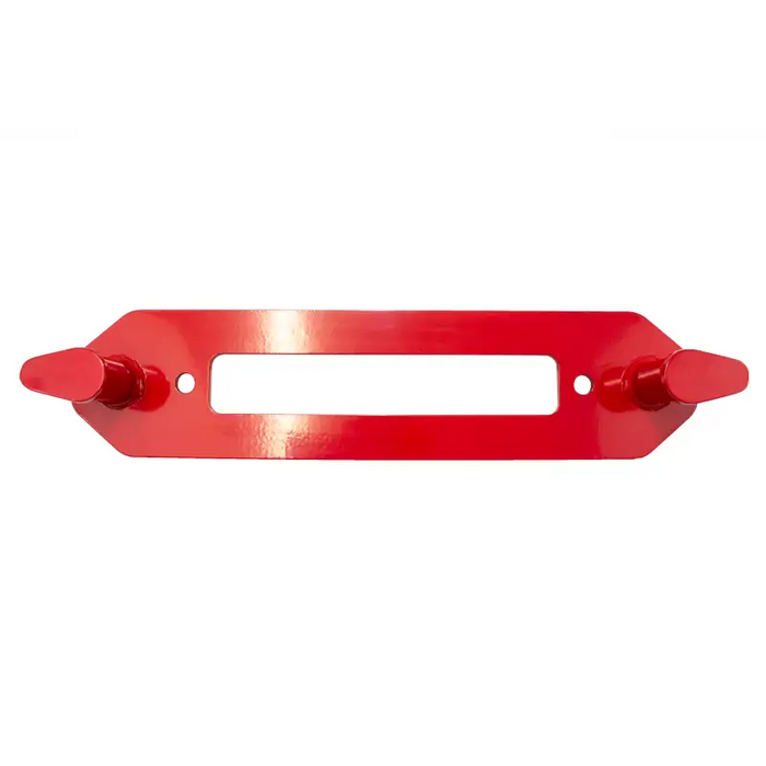 Red metal tag displayed on white background, Fishbone Offroad Winch Line Hook.