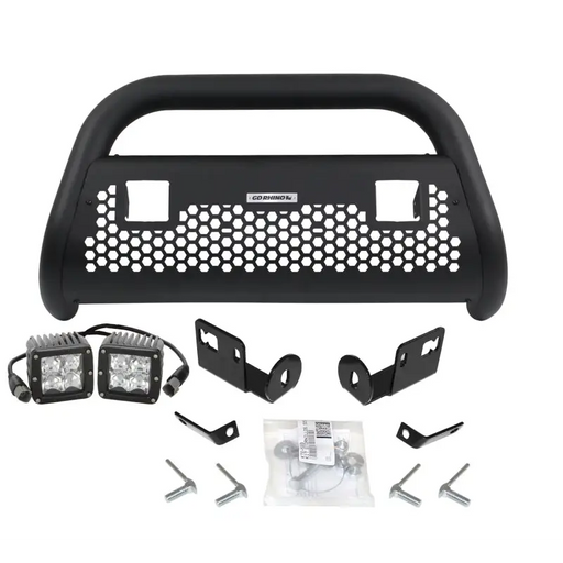 Black grille guard with LEDs and mounting kit for Toyota Tacoma RC2 with installation instructions.