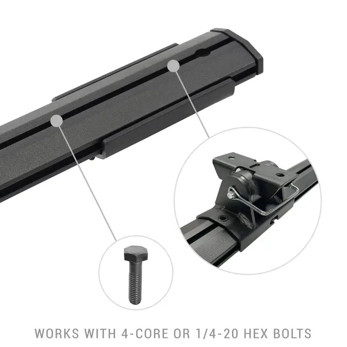 Close up of screw and camera rail on XRS cross bars kit for Ford F-150 and Toyota Tundra.