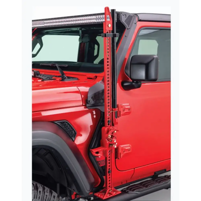 Red Jeep Wrangler JL/JLU/Gladiator JT with Exterior Jack Mount and Light Bar