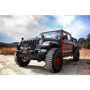 Black Jeep with red wheels and bumper - Go Rhino Exterior Jack Mount for Jeep Wrangler & Gladiator