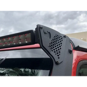 Red truck with black roof rack on Go Rhino 18-20 Jeep Wrangler JL/JLU/Gladiator JT XE Windshield Light Bar Mount - 50