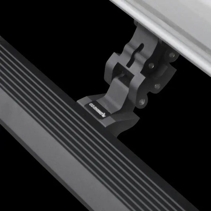 Electric running board side step for jeep wrangler in black background.