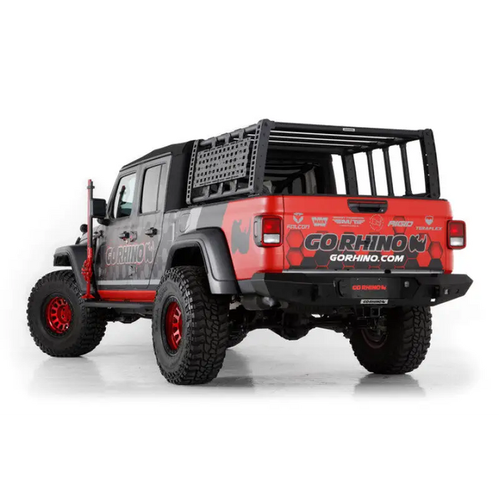 Red Jeep with Black Bumper and Red Wheels - Go Rhino Overland Xtreme Rack