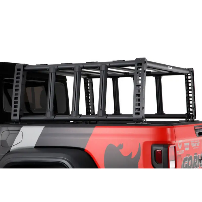 Jeep Gladiator XRS Overland Xtreme Rack in black mounted on back of Jeep