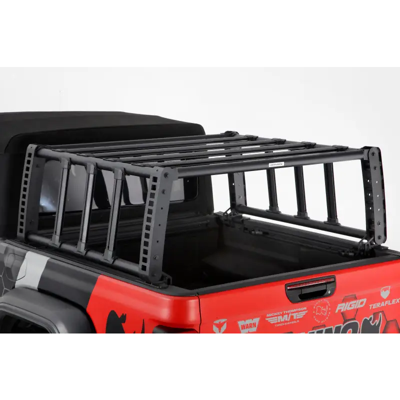 Close up of truck with rack - Go Rhino Jeep Gladiator XRS Overland Xtreme Rack.