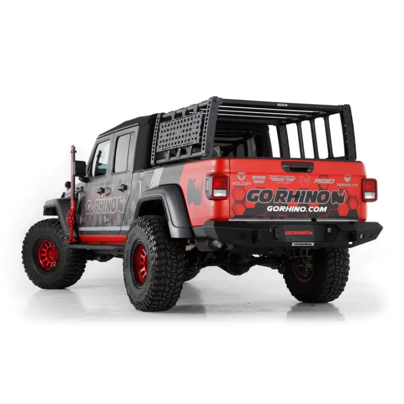 Red Jeep with black bumper and red wheels - Go Rhino XRS Overland Xtreme Rack - Box 2