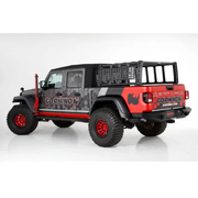 Red Jeep with black and white decal on Go Rhino Jeep Gladiator XRS Overland Xtreme Rack.
