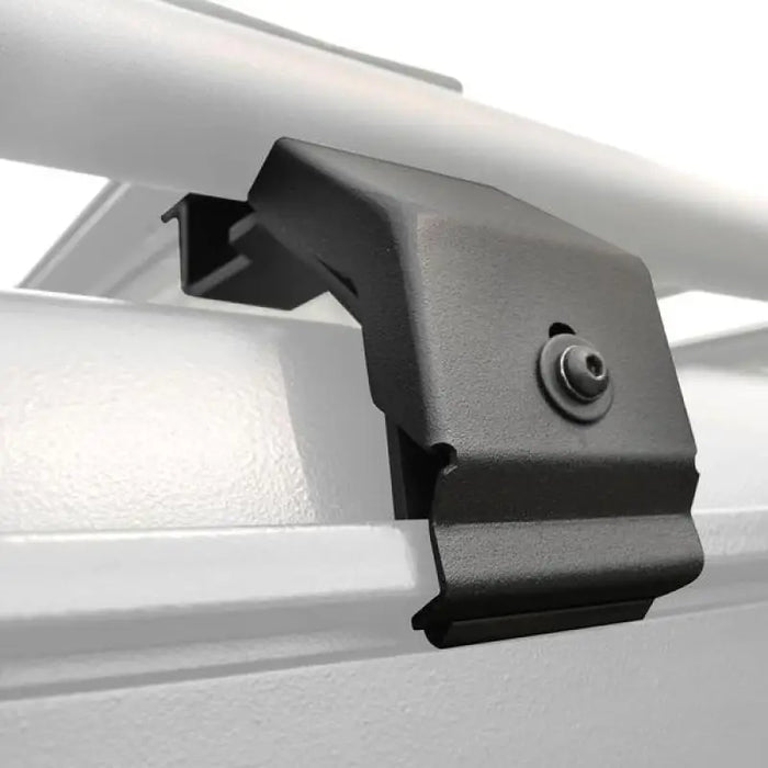 Go Rhino 6pc Rain Gutter Mounting Kit for SRM Rack side of white truck with black latch installation instructions.