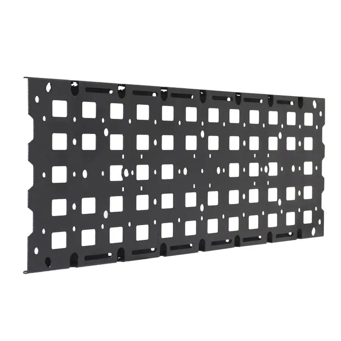 Black metal wall mounted bracket with square holes for Go Rhino Accessory Gear Plate Kit.