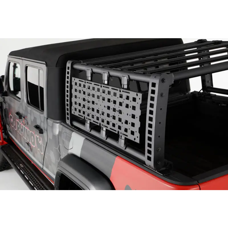 Close up of Jeep with gear plate rack from Go Rhino Rhino Accessory Gear Plate Kit.