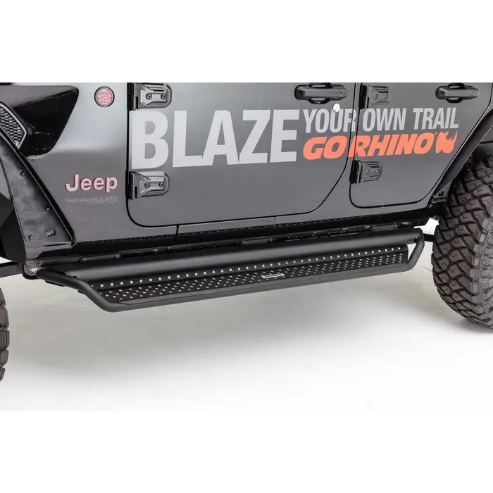 Go Rhino Dominator Extreme D1 Side Steps with Jeep logo on front bumper