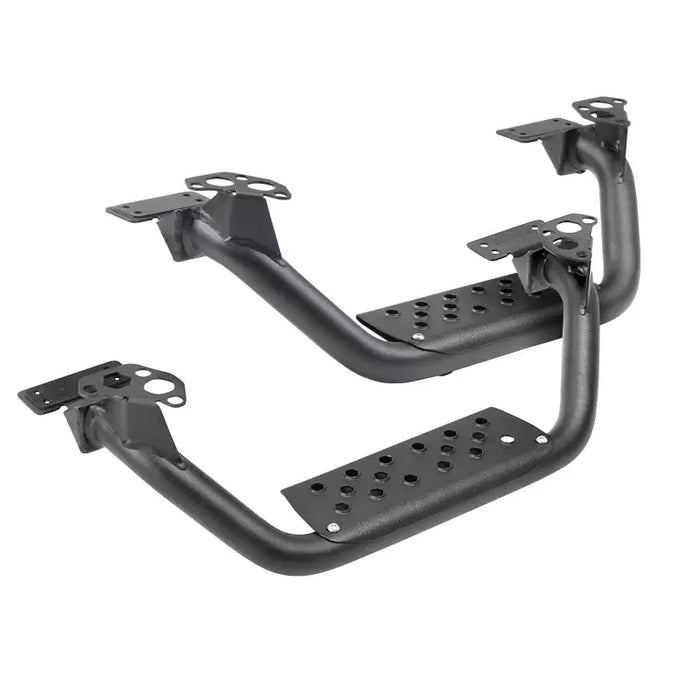 Black aluminum exhaust pipe brackets on Go Rhino Dominator Extreme D6 SideSteps for crew cab pickup.