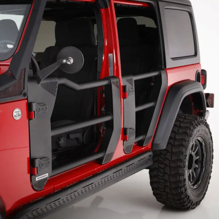 Red Jeep with doors open - Go Rhino Jeep Trailline Replacement Rear Tube Door.