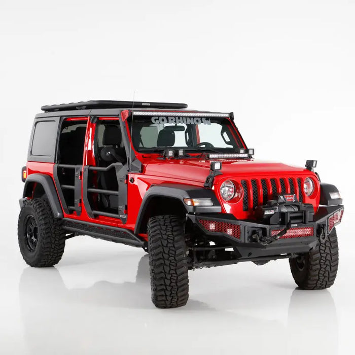 Red Jeep with a black bumper against white background - Go Rhino Jeep 18-21 Wrangler JLU/20-21 Gladiator JT Trailline Replacement Front Tube