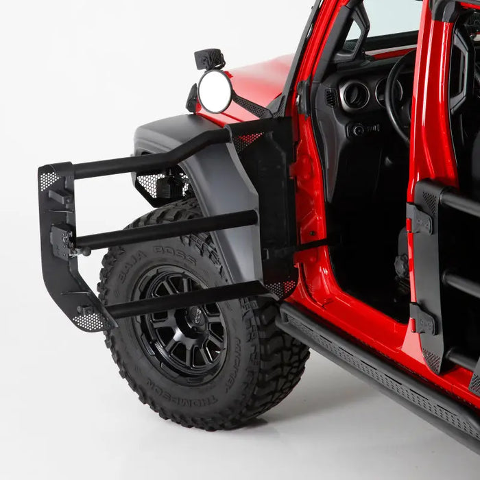 Close-up of red Rhino Jeep with open door - Go Rhino Jeep 18-21 Wrangler JLU/20-21 Gladiator JT Trailline Replacement Front Tube
