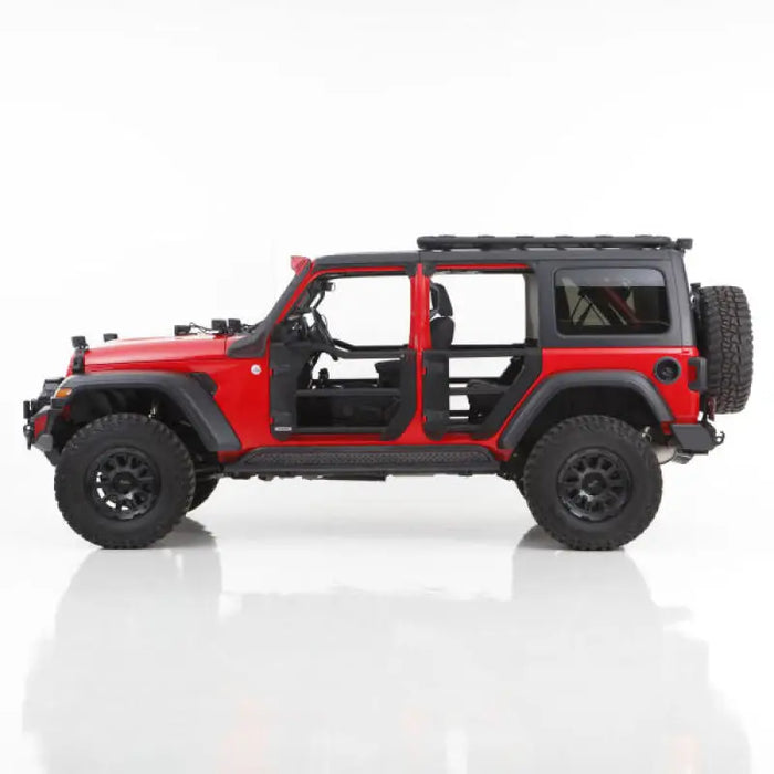 Red Jeep with black wheels and black door - Go Rhino Trailline Replacement Rear Tube Door