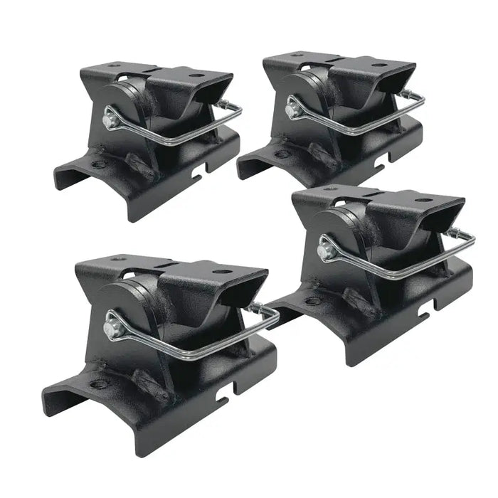 Four black castors with wheels on white background for Go Rhino Quick Release Tent Bracket Kit.