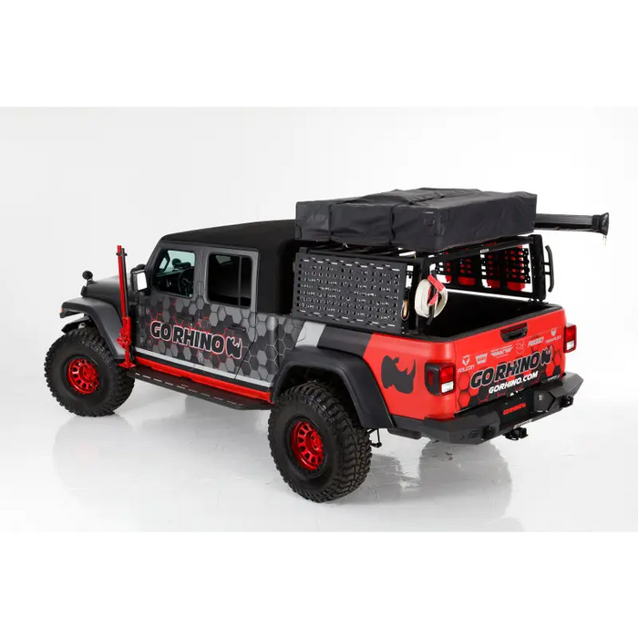 Red Jeep with black roof rack - Go Rhino Rhino Quick Release Tent Bracket Kit