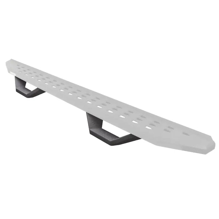 White plastic shelf with black metal handle, Go Rhino RB10 Running Boards - Bedliner Coating Finish.