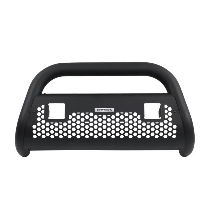 Black bumper with white grille on Go Rhino RC2 LR Frame - 3in - Bottom mount - Tex Blk for crew cab pickup.