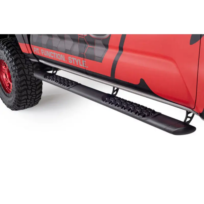 Red jeep featuring go rhino v-series v3 side step - universal 87in. (fits 4dr) in textured black