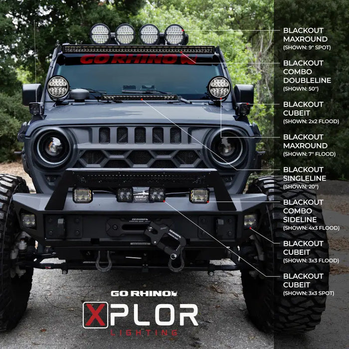 Gray Jeep with Go Rhino Xplor Blackout Series Cube LED Flood Lights