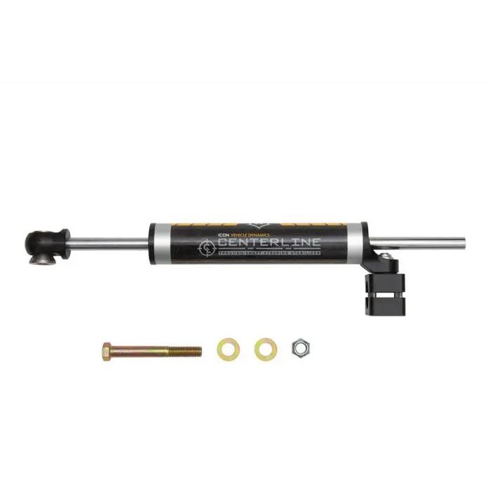 Black and white hydraulic cylinder in ICON Centerline Steering Stabilizer Kit (Non Adj) for Jeep Wrangler JK.