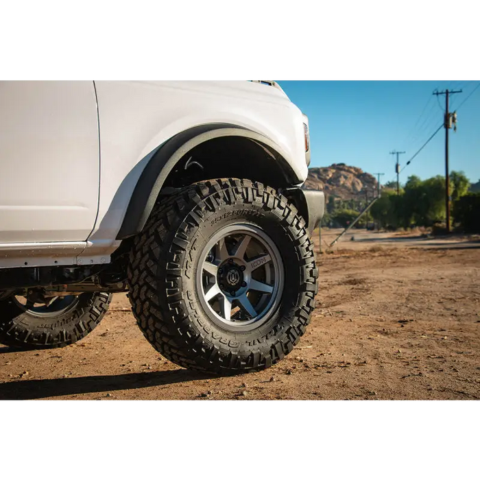 White Ford Bronco with black tire - ICON 2021+ 3in Lift Coilover Spacer Kit