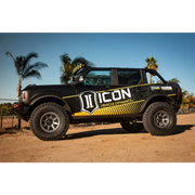 ICON 2021+ Ford Bronco Billet Upper Control Arm Delta Joint Kit with yellow and black decal truck.