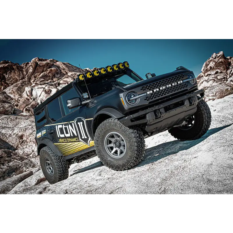 Close up of Jeep with light bar, compatible with ICON 2021+ Ford Bronco Hoss 1.0 Rear EXP Coilover 2.5in