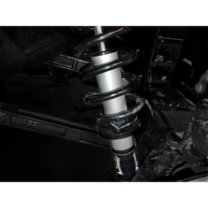 Close up of front suspension on ICON 2021+ Ford Bronco Hoss 1.0 Rear EXP Coilover 2.5in.