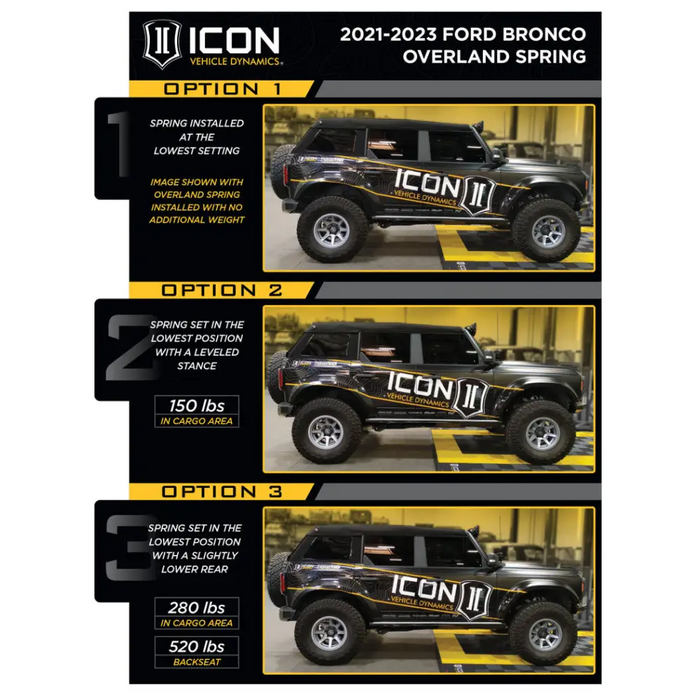 ICON 21-23 Ford Bronco Rear Coilover Kit Heavy Rate Spring, truck with various pictures