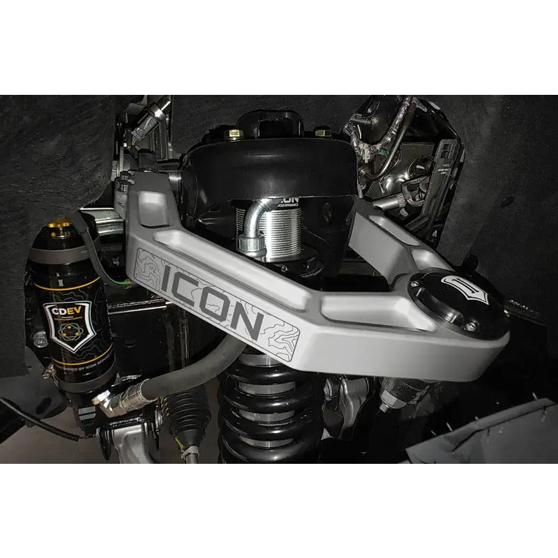 Close up of a motorcycle front end, Ford Bronco coilover kit.