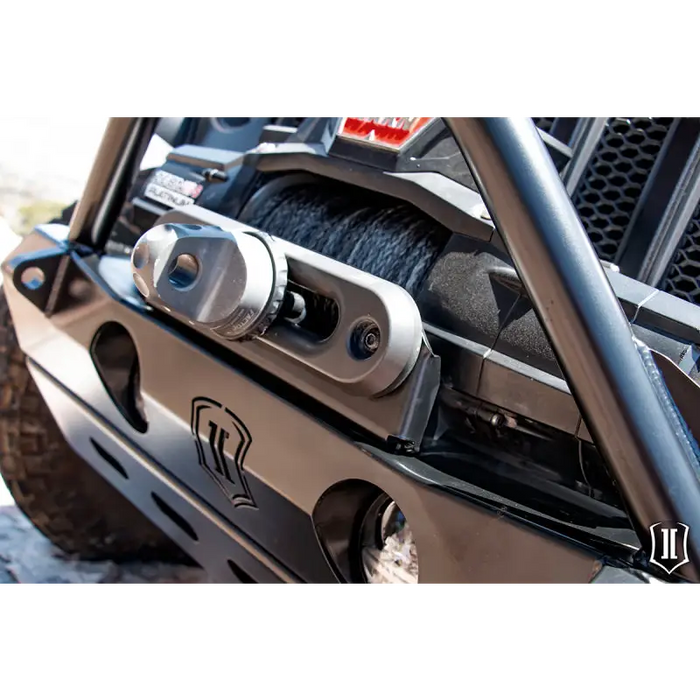 Close up of a jeep with winch on ICON Impact Front Bumper Fairlead Mount.